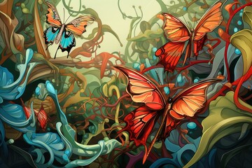 a painting of butterflies and plants in a jungle