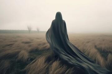 a person in a black cloak standing in a field