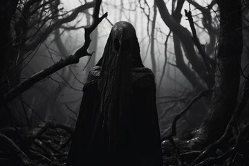a person in a black cloak standing in the middle of a dark forest