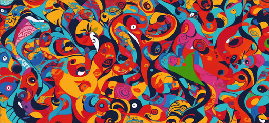 Vibrant vector art with a colorful abstract seam pattern featuring fish. Multicultural, social, and united themes blend in detailed fish art.