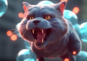 Cartoon Cat in 3D: Fierce Gaze with Sharp Teeth. Generative AI.
