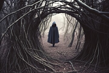 a person in a hooded cloak standing in the middle of a dark forest