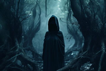 a person in a hooded robe standing in a dark forest