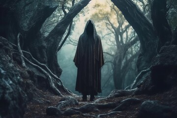 a person in a hooded robe standing in a dark forest - obrazy, fototapety, plakaty