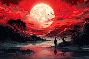 Red moon asian lanscape with fantasy warrior. 