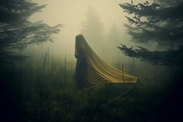 a person in a yellow cloak standing in the middle of a foggy forest - obrazy, fototapety, plakaty