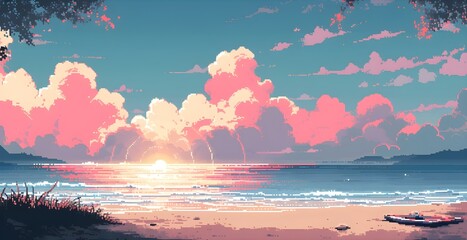 Pixel art sunset over the ocean with cloud and sky.  illustration. Anime Style.