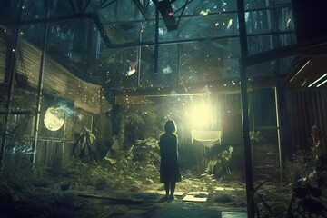 a person standing in a dark room with a light shining on them