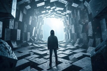 a person standing in a dark tunnel surrounded by cubes