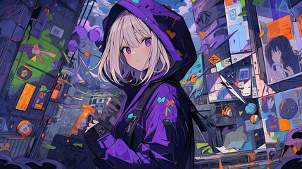Cute anime girl in purple hoodie, graffiti on the wall in the background - obrazy, fototapety, plakaty