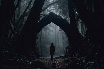 a person standing in front of an archway in a dark forest
