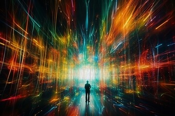 a person standing in the middle of a colorful light tunnel