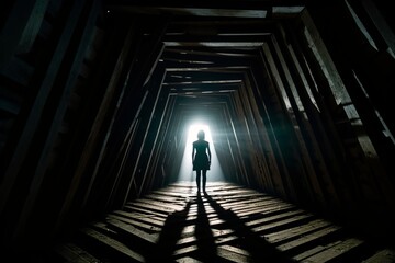 a person standing in the middle of a dark tunnel