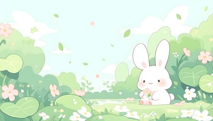 Illustrasted of cartoon little cute white bunny holding flowers in hands stay in the forest. Anime Style.