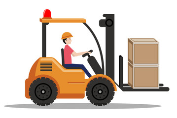 Worker driving a forklift with wooden boxes.