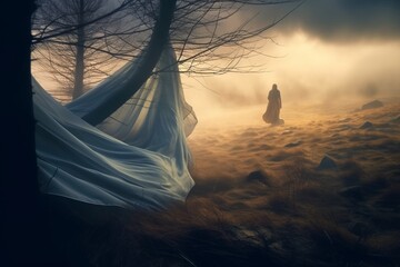 a person standing in the middle of a field with a blanket over their head - Powered by Adobe