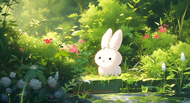 Illustrasted of cartoon little cute white bunny in the forest. Anime Style.