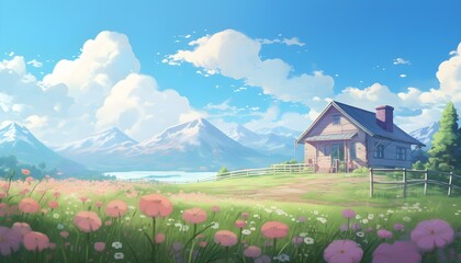 Country house at Nature with blue sky and cloud with Colorful flower meadow and moutain. Landscape, Anime Comic Style. 