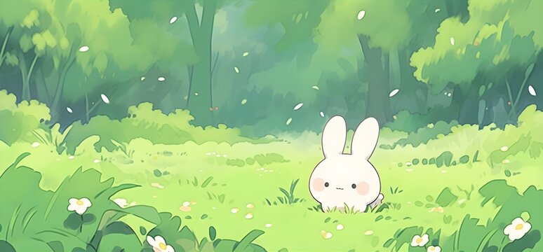 Illustrasted of cartoon little cute white bunny in the forest. Anime Style.