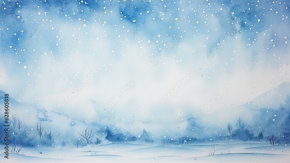 Canvas Prints Watercolor drawing of winter sky landscape with falling snow, flecks and dots. Hand-drawn water color graphic painting on paper.