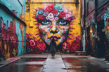 a person walking down an alley with colorful graffiti on the wall - obrazy, fototapety, plakaty