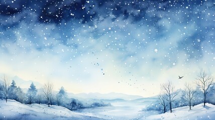 Fototapeta na wymiar Watercolor drawing of winter sky landscape with falling snow, flecks and dots. Hand-drawn water color graphic painting on paper.