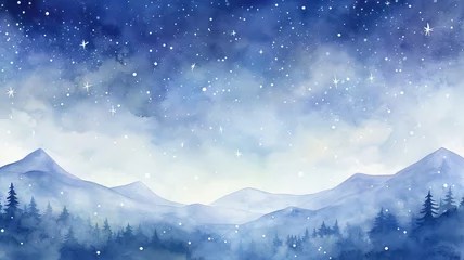 Fotobehang Watercolor drawing of winter sky landscape with falling snow, flecks and dots. Hand-drawn water color graphic painting on paper. © Kanisorn