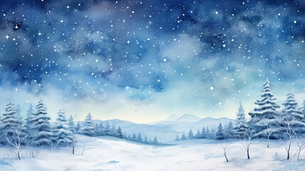 Watercolor drawing of winter sky landscape with falling snow, flecks and dots. Hand-drawn water color graphic painting on paper.