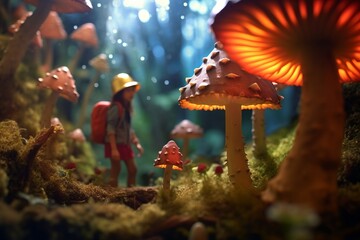 a person walking through a forest with mushrooms - obrazy, fototapety, plakaty