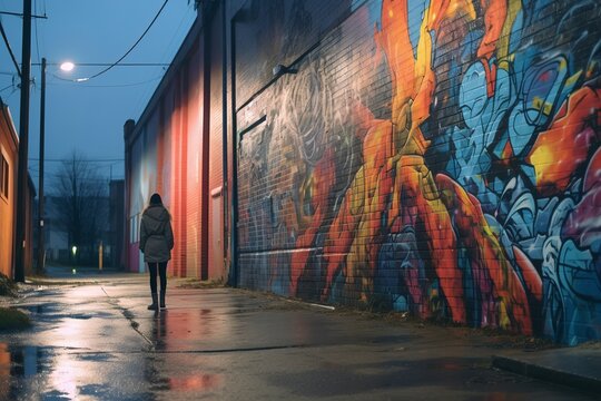 a person walking down an alley with graffiti on the wall