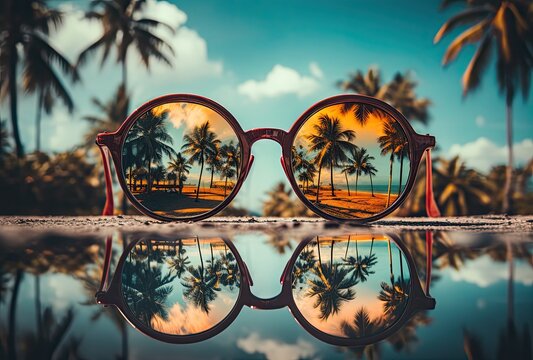 Pair of sunglasses on the beach with a mirror image of trapical resort with palms reflected