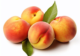 Fototapeta na wymiar Ripe juicy peaches with leaf on white background.Macro.AI Generative