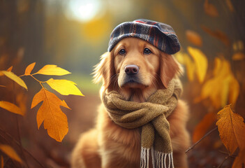 A solid golden retriever in a cap and scarf walks in an autumn park among yellow foliage. AI Generated