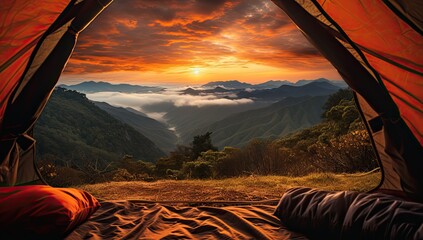 sunset in the mountains seen from inside of the tent 