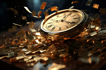 Money clock, photorealistic pastiche, scattered composition Generative AI