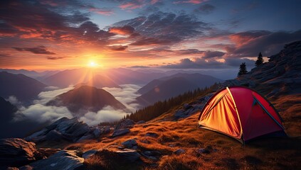 tent in the mountains at sunset