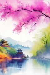 Fototapeta premium Colorful Chinese Oil Painting Landscape