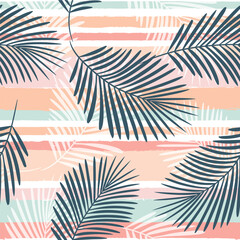 girly striped tropical pattern, palm leaves seamless vector floral background. Exotic plant on pink stripes. spring nature jungle print. Leaves of palm tree on paint lines. ink brush strokes.