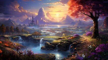 Fototapeta na wymiar Vibrant colored illustration of a beautiful fantasy land with mountains and waterafll