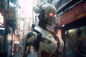 a robot standing in the middle of a city street