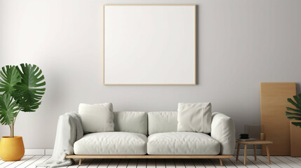 Interior of modern living room with white sofa and mock up poster, 3d render.