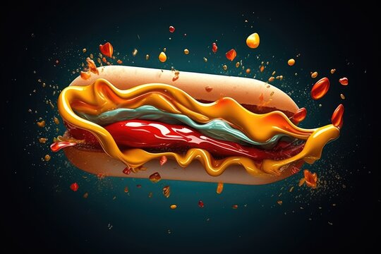 Delicious fresh juicy hot dog in cartoon style. Fast food menu design, street food. Generative AI