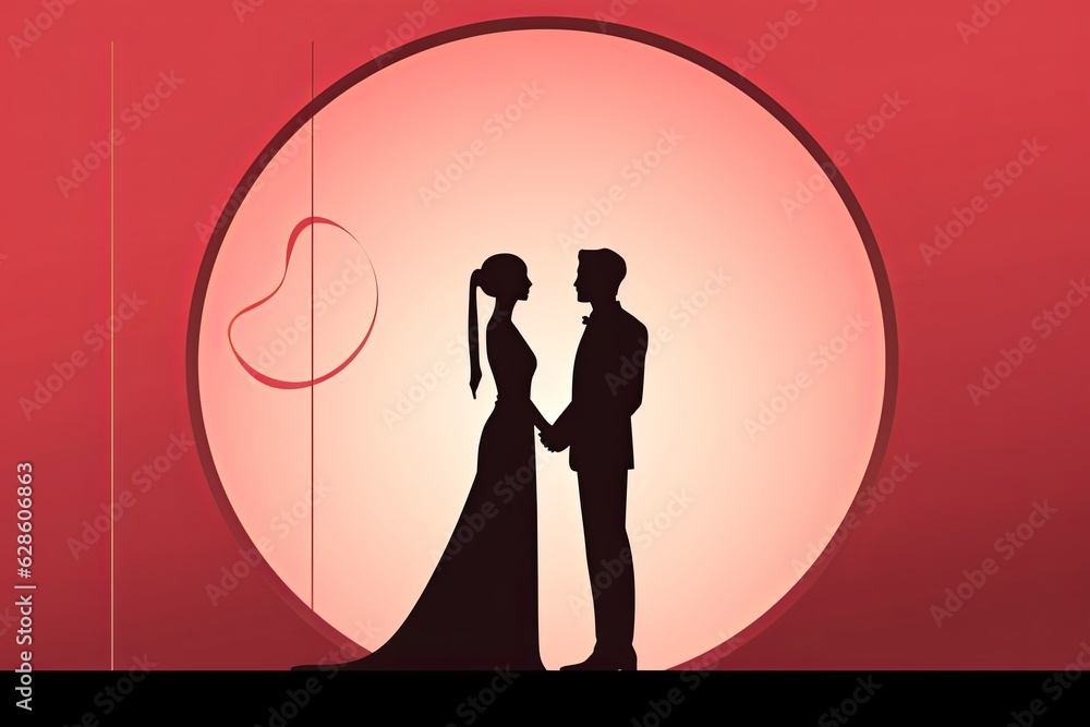 Wall mural a silhouette of a bride and groom standing in front of a heart