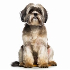 a shih tzu dog sitting on top of a wooden toy