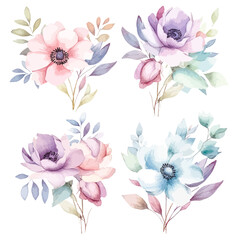 Fototapeta na wymiar Whimsical Floral Watercolors: Fairy Arrangements on White Background