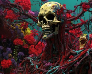 a skull surrounded by flowers and vines