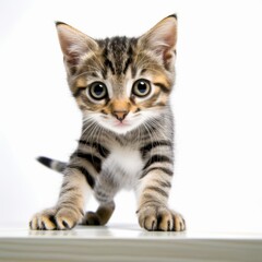 a small tabby kitten is standing on top of a table