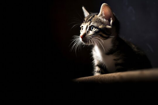 a small kitten sitting on a wooden ledge in the dark