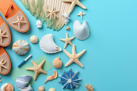 nautical, vacation and travel banner with sea life style objects. Top view, Generative AI