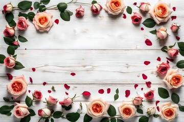 Naklejka na ściany i meble Romantic Rose composition with loosely arranged rose frame on a rustic white wooden background, top view, flat lay, Generative AI